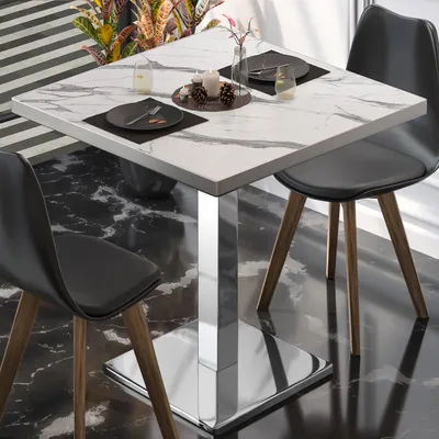 Produktbild von BM | Bistrotisch | B:T:H 50 x 50 x 75 cm | Weiß Marmor / Edelstahl | Quadratisch | Edelstahl Rand | Bistro Tisch Esstisch