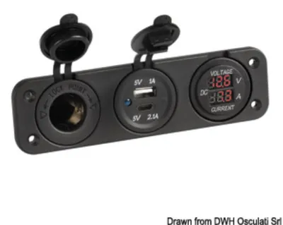 Zdjęcie produktu dla Woltomierz i amperomierz cyfrowy 12 V USB-A + USB-C Osculati 14.517.29
