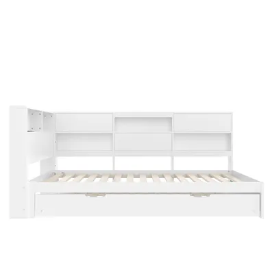 Produktbild von Flieks Jugendbett 90x200cm mit Ladefunktion, Schlafsofa Holzbett mit 90x190cm großem Ausziehbett, Tagesbett Einzelbett Daybed, Weiß