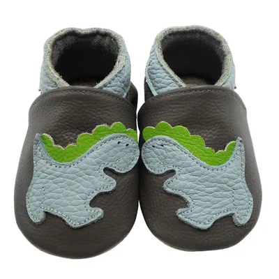 Produktbild von YALION® Baby Krabbelschuhe aus Echtleder, weiche Lauflernschuhe für Mädchen&Jungen, rutschfeste Ledersohle,Dunkelgrau,Dinomotiv, Größe S (0–6 Monate)