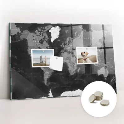 Obrázek produktu pro Magnetická Tabule na Zeď Skleněná - Memo Board Kleněnou Přední Stranou - 5 magnetů v balení - 60x40 cm - Černá mapa světa