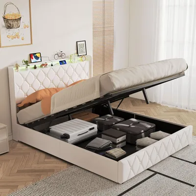 Produktbild von Polsterbett 140x200 cm mit Bettkasten, RGB-LED, USB-C, Hydraulikfunktion, Stauraum, gepolstertem Kopfteil, Doppelbett in Beige
