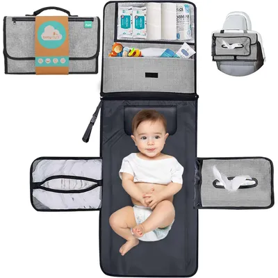 Produktbild von Wickelunterlage XL, wasserdicht, grau, für unterwegs, 6 Taschen, Kissen und Tasche