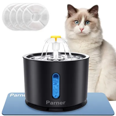 Produktbild von Katzenbrunnen Haustierbrunnen Wasserspender - 2,4 l - Edelstahl - Schwarz - Mit LED-Licht und Wasserstandsfenster - Für Katzen und kleine Hunde