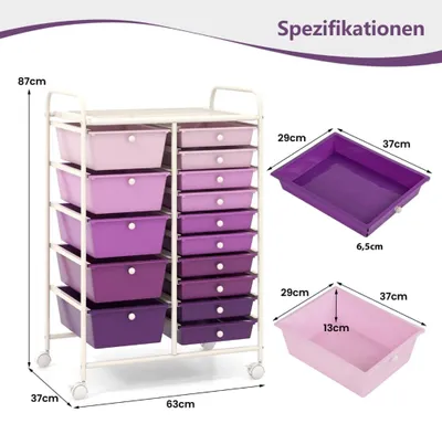 Obrázok produktu pre Mobilný úložný vozík s 15 stohovateľnými zásuvkami, fialový