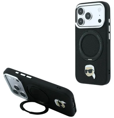Immagine prodotto di Custodia per iPhone 18 Pro / 17 Pro, con supporto ad anello Karl Lagerfeld 360°, con spilla a forma di testa Karl e compatibile con MagSafe, colore nero