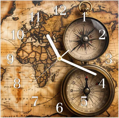 Produktbild von Wanduhr aus Glas mit Motiv Vintage Weltkarte Kompass- 30 x 30 cm - inkl. Aufhängesystem