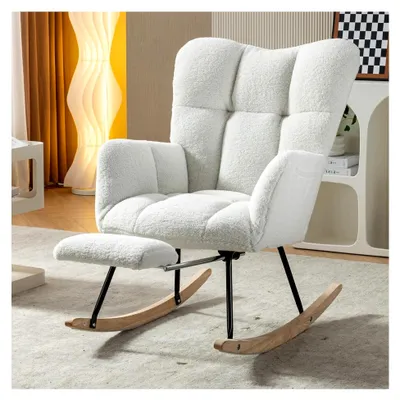 Produktbild von Schaukelstuhl mit Fußstütze, Weiß – Gepolstert mit Teddy-Webstoff – Stabiles Design (Holz & Metall) – Maße 98x80x98,5 cm