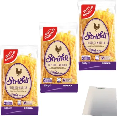 Produktbild von Gut & Günstig Strickli Frischei Nudeln 3er Pack (3x500g Beutel) + usy Block