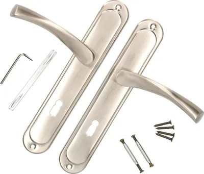 A set of door handles and installation accessories on a white background.