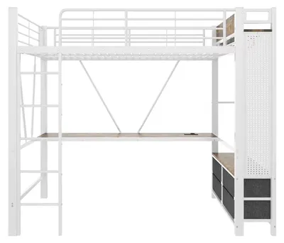Zdjęcie produktu dla Łóżko piętrowe - metalowe, 90 x 200 cm - biurko - listwa LED - porty USB i Type-C - 4 szuflady - białe