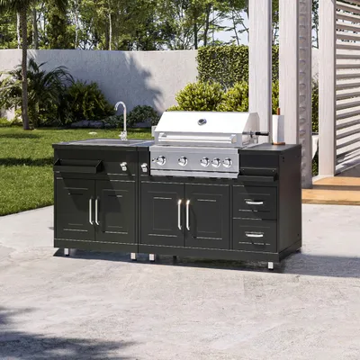 Image de Cuisine extérieure en métal avec évier, barbecue et rangement - Oviala Memphis