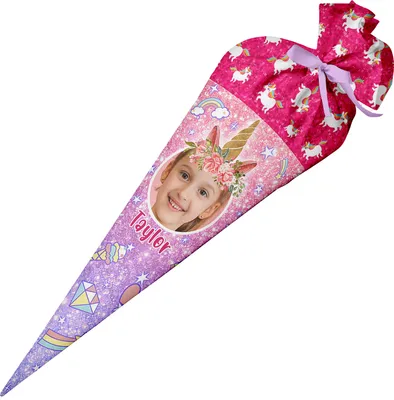 Produktbild von Ferocity, Schultüte mit Namen, 70 cm, Zuckertüte zur Einschulung, für Mädchen – Glitzer Einhorn mit Foto [149]