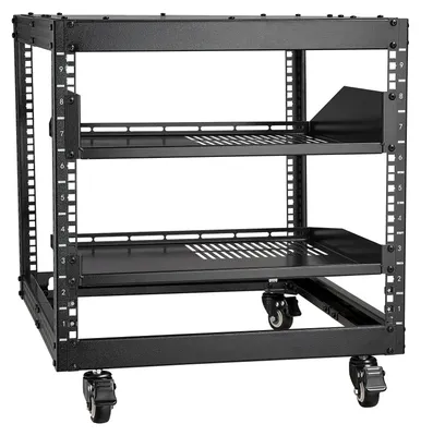 Image de Rack serveur SKYSHALO 9U à cadre ouvert, profondeur réglable de 23 à 40 pouces, design polyvalent autonome ou mural, équipé de roulettes à 360°, structure durable à 4 montants
