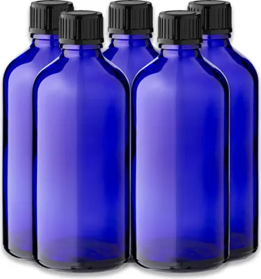 Produktbild von 5x Blaue Glasflasche 100 ml mit schwarzem PP-Schraubverschluss 18/415