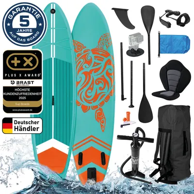 Produktbild von BRAST SUP Board Turtle | Aufblasbares Stand up Paddle Set | 320x81x15cm | 4 Designs | inkl. Sonderzubehör | 2in1 Paddel Kajak-Sitz Action-Cam-Halterung Fußschlaufe | Türkis
