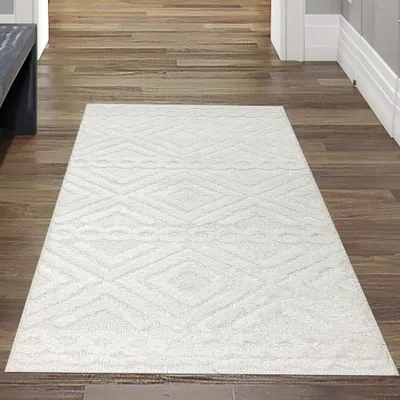 Produktbild von Boho Wohnzimmerteppich mit Rauten und Kreisen in Creme Größe - 80 x 150 cm