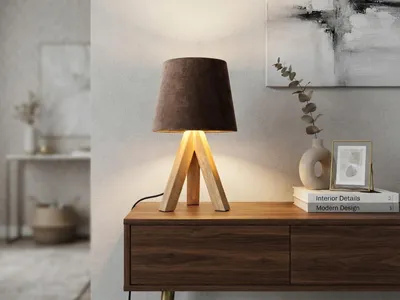 Produktbild von Tischlampe skandinavisch mit Holz & Samt Lampenschirm Braun Gold Höhe 27cm