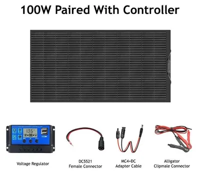 Immagine prodotto di Set di pannelli solari - 100 W monocristallini - Con regolatore di carica MPPT - Elevata efficienza - Per campeggio, camper, barca