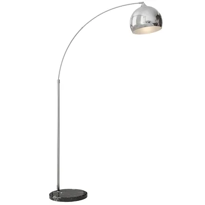 A silver arc floor lamp with a marble base against a white background.