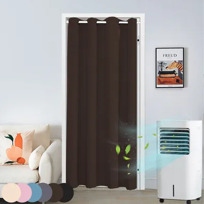 A brown door curtain is hung in a doorway, with a sofa and a portable air cooler visible in the room. Green leaves and air currents are digitally added to the image to suggest airflow and freshness.