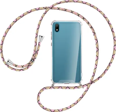 Produktbild von Handykette Backcover-Schutzhülle mit Band (Metall silberfarben) für Huawei Y5 2019 - rosa Karo