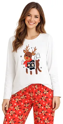 Produktbild von Rentier XMAS Schlafanzug für Damen - Christmas Winter Pyjama Set Weihnachten Langarm Oberteil mit Hose Beige/Rot L