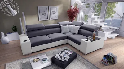 Produktbild von Ecksofa mit Schlaffunktion Eckcouch PERS II (Grau Sawana 96 + weißes Kunstleder, Rechts)