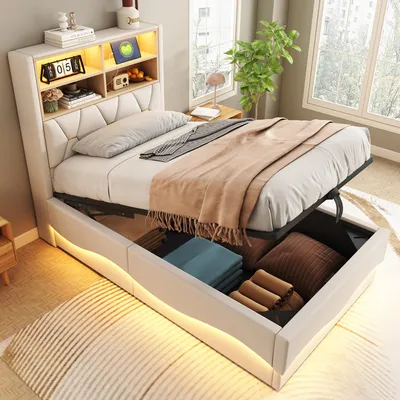 Produktbild von Kinderbett 90×200 cm mit hydraulischem Stauraum, APP-gesteuertes LED-Lichtband, USB-Ladeanschluss, Metall-Lattenrost, Leinenpolsterung, Beige