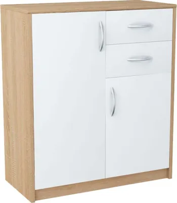 Produktbild von MATKAM Kommode 2-türig, mit zwei Schubladen | H/B/T 85 x 74 x 35 cm, Griffe in satinierter Metall-Optik | Schublade B/T 32 x 33 cm, Führungsschienen und Scharniere aus Metall (Sonoma Eiche – Front in weiß)