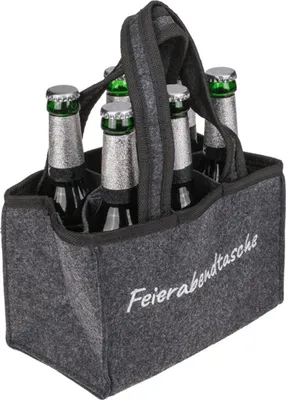 A six-pack bottle carrier made of gray felt, filled with six beer bottles.