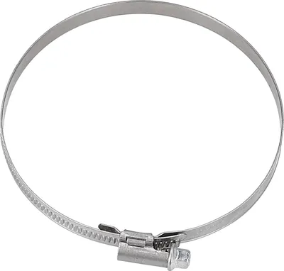 A metal hose clamp on a white background.