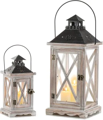 Immagine prodotto di Set di 2 lanterne decorative in legno e metallo, stile vintage, con aspetto vissuto