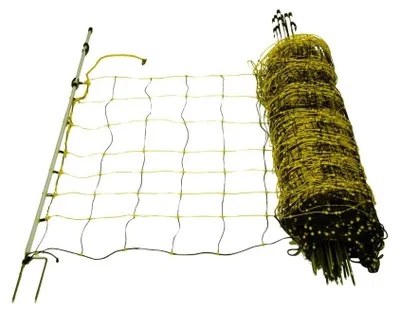 Produktbild von horizont Wolfsabwehrnetz - horinetz super - Schafnetz schwarz, gelb, Höhe 90cm / 120cm mit Übersprungerhöhung, Länge 50m, Doppelspitze 15 Pfähle, Schafzaun - perfekt für den Schutz Ihrer Schafe