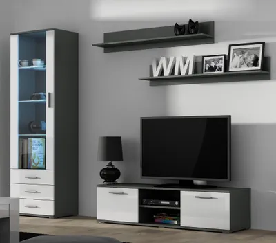 Produktbild von Furniture24 Wohnwand SOHO 7 mit Blauer LED Beleuchtung, Anbauwand, Wohnzimmerschrank, Schrankwand, Vitrine, Lowboard, Hängeregal Grau/Weiß Hochglanz