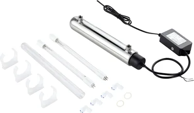 A UV water purifier system and its components are laid out on a white background.