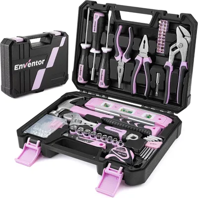 Immagine prodotto di Kit di attrezzi per uso domestico, pensato per le donne, composto da 158 pezzi, colore rosa