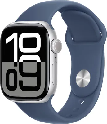 A close-up studio shot of an Apple Watch with a blue band.