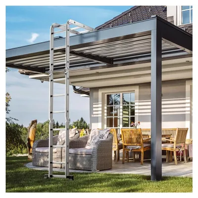 Produktbild von 7-in-1 Mehrzweckleiter aus Aluminium, verstellbare Klappleiter bis 370,5 cm, multifunktionale Anlegeleiter, Gerüstleiter bis 150 kg belastbar, Silber