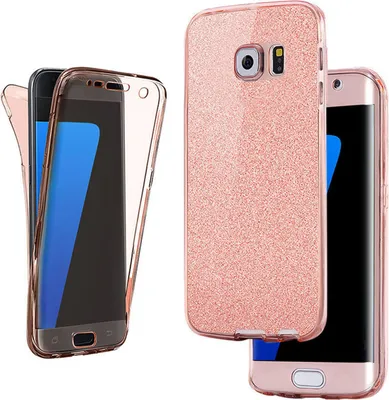A rose gold glitter phone case and a clear phone case are shown.