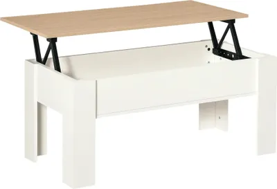 Image de Table basse réglable en hauteur - Table de salon - Plateau de table relevable - Espace de rangement caché - 100 x 50 x 45-58,5 cm - Blanc & Naturel