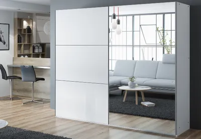 Produktbild von Schiebeschrank VIGO 250 cm mit Spiegel – kompakter Kleiderschrank Schiebetürenschrank modern (Weiss)