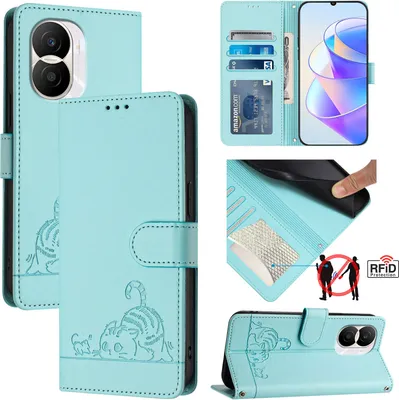 Produktbild von Leder Hülle für Honor X40i Süße Katze Flip Case Brieftasche Schutzhülle mit Standfunktion hellgrün