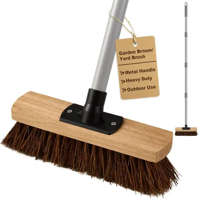 Obrázok produktu pre 25 cm metla na zametanie s dlhou násadou (140 cm), metla na záhradu, metla na dvor, metla s plochými štetinami, priemyselná metla, metla na zametanie s prírodnými štetinami a kovovou násadou