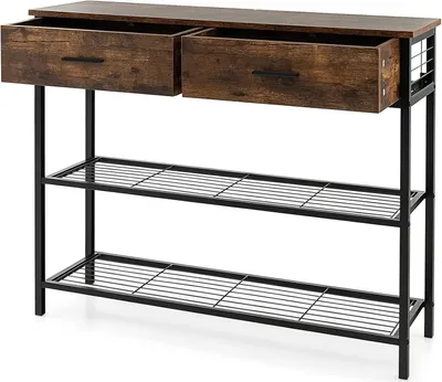 Image de Console - Table d'entrée - 100 cm - 2 tiroirs - 3 niveaux - Bois avec structure métallique - Protection anti-basculement - Design vintage - Marron