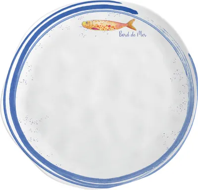 A white plate with blue stripes and a fish illustration.