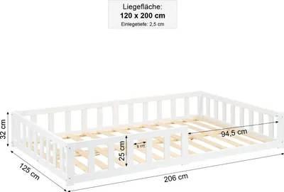 Obrázek produktu pro Dětská postel Homestyle4u 120x200 cm s ochranou proti vypadnutí, bílá, podlahová postel, Montessori postel, s roštovou základnou, vhodná pro malé děti