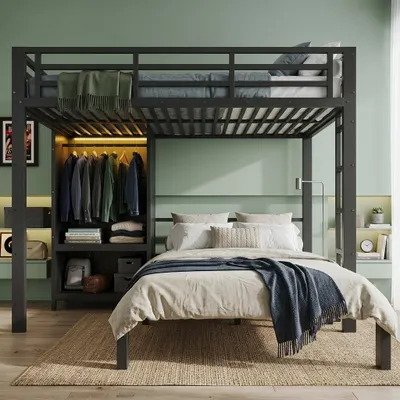 Productafbeelding van Stapelbed van 120x200 cm, zwart van kleur, van metaal, met kledingkast en LED-verlichting, geschikt voor een slaapkamer voor tieners, met twee slaapplekken en een rechte ladder, AI-gegenereerde afbeelding