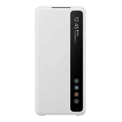 A white Samsung flip phone case with a black transparent window showing the phone's screen.