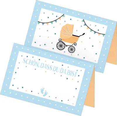 Produktbild von itenga 24x Tischkarten "Kinderwagen Vintage / Schön dass du da bist" blau gelb
